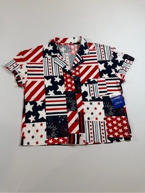 Celebrate Patriotic Red, White & Blue Patchwork Star Button-Up Shirt X-Small‎